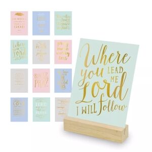 Eccolo Christian Art Desk Stand Wooden Block Holder 12 Gold Stamped Cards